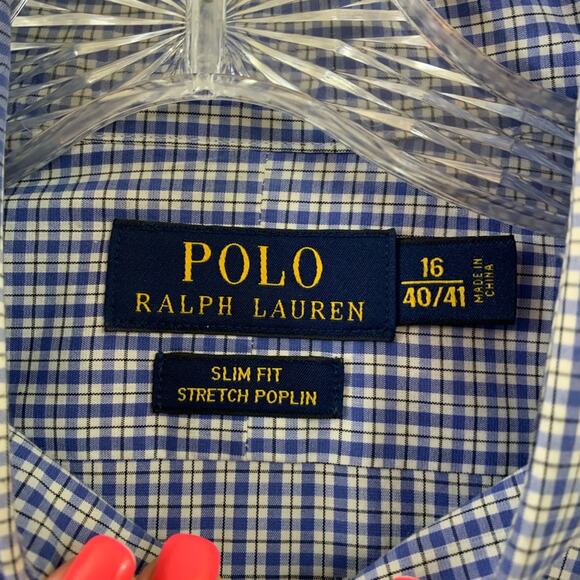 POLO Ralph Lauren Slim Fit Stretch Poplin Plaid Blue/White Button Down Shirt - Picture 2 of 6